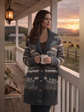Stetson Sweater Women L Shawl Collar Cardigan Cozy Western Cabin Core Gray Brown